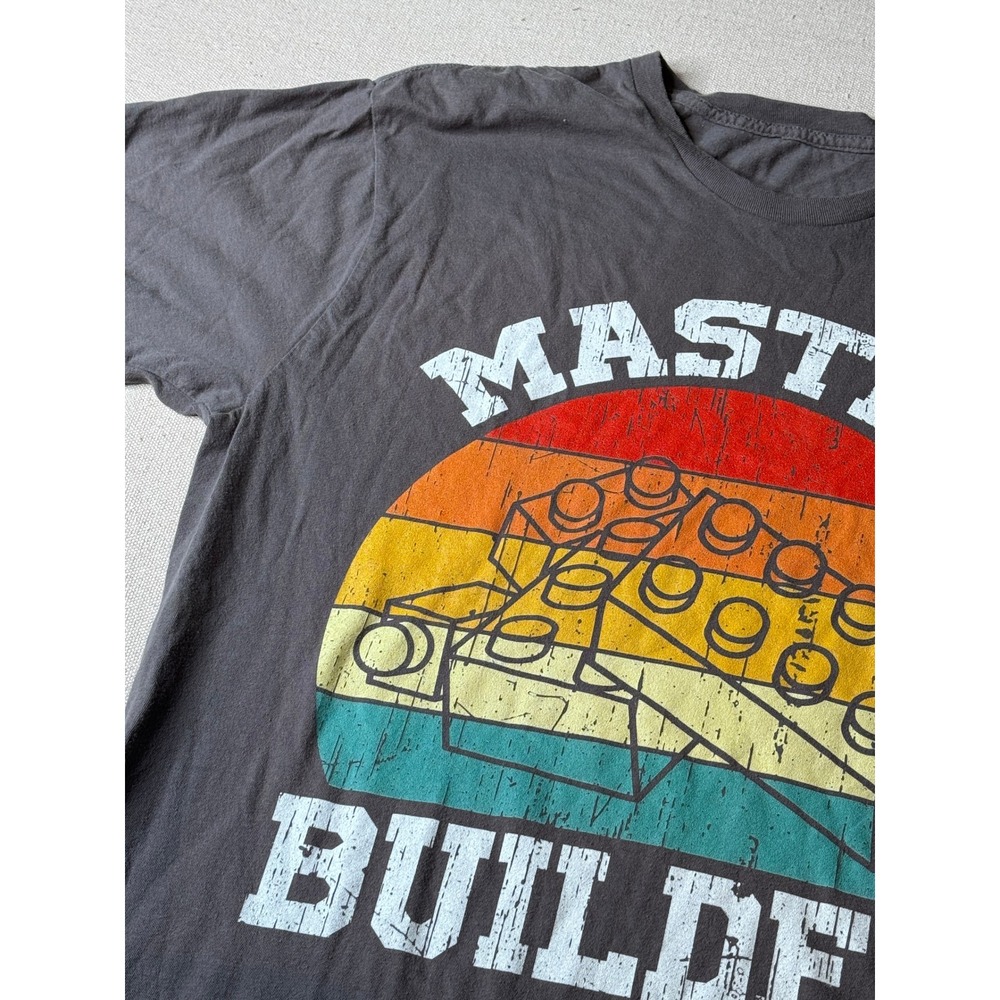 Gildan Master Builder Graphic T-Shirt Mens Large Gray Retro Building Blocks Tee